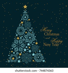 Christmas tree from beautiful snowflakes pattern for greeting card 2018 Happy New Year and Christmas. Red festive ribbon with a bow. Gold stars as decoration.Vector illustration