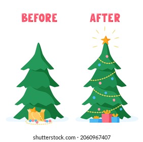Árbol de Navidad antes y después de decorar con bolas, perlas, guirnaldas. Preparándose para la celebración de las fiestas. Ilustración vectorial colorida en estilo plano.
