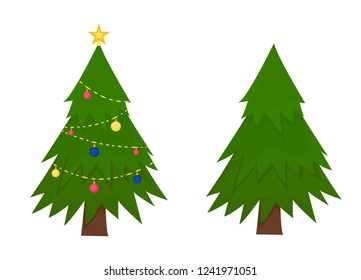 Christmas tree before and after decoration. Flat cartoon style vector illustration.