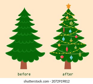 Christmas tree before and after decoration. Vector illustration
