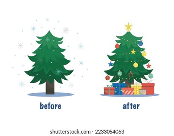 Christmas tree before and after decoration. Flat cartoon style vector illustration.