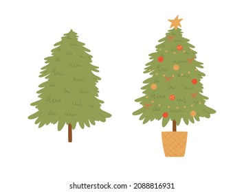 Christmas tree before and after decorations. Star, lights, decoration balls, lamps. Flat cartoon vector illustration.