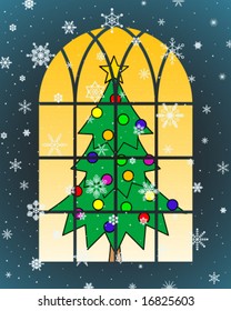 christmas tree behind window with snowflakes