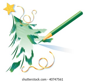 Christmas tree is being drawn by a green pencil