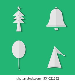 Christmas Tree, Bell, Balloon, Hat set collection flat icons with shadow vector on green Background