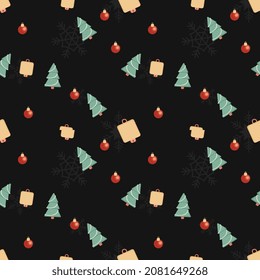 Christmas tree, bell, decorative ball  and snowflake vector in rounded corner theme seamless pattern background. Best for winter holiday fabric, giftwrap, scrapbook, greeting cards design projects.