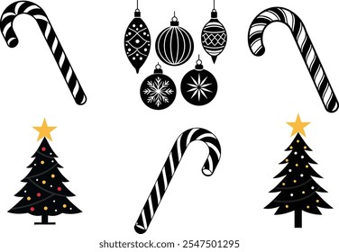 Christmas tree, bell ornaments and candy vector illustration