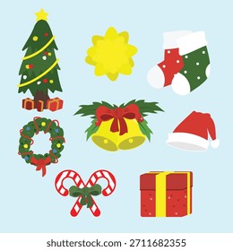 Christmas tree, Christmas bells, Christmas bunch a set of Christmas ornaments in flat style