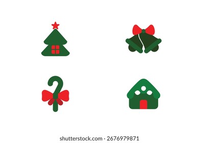 Weihnachtsbaum Glocken Zuckerrohr Haus Symbole grün rot Vektor