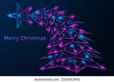 Christmas tree bent under the weight of a star. Polygonal design of interconnected lines and dots.
