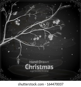 Christmas Tree with Berries and Birds, vector design. Chalkboard style. Chalk Texture.