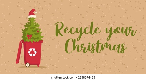 Christmas tree in a bin with a recycling sign. Post-holiday cleaning. Environmentally friendly, green holidays, reasonable consumption. Horizontal banner for website, poster, flyer.