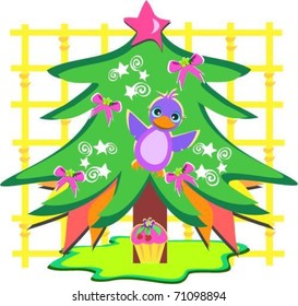 Christmas Tree Bird with Decorations and Cupcake