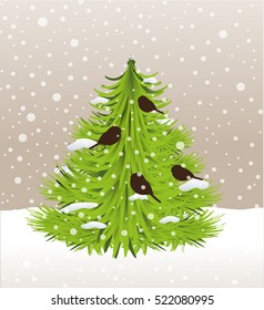christmas tree and birds,snow