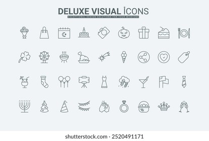 Christmas Tree, birthday cake, surprise gift with bow, fireworks, champagne, and decorations thin black outline symbols vector illustration. Fun party and holiday events line icons set.