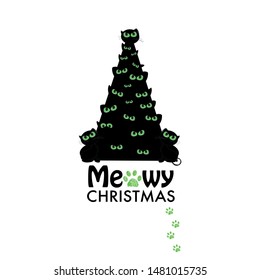 Christmas tree with black cat. ''Meowy Christmas'' text with paw prints. Happy new year greeting card