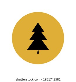 Christmas tree black coniferous tree icon in yellow circle. User button in smartphone app interface. Deforestation is prohibited. Growing trees. Vector graphics.