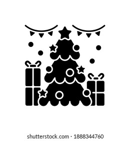 Christmas tree black glyph icon. Xmas lights. New Year decoration. Festive seasonal presents. Gift boxes. Holiday celebration. Silhouette symbol on white space. Vector isolated illustration