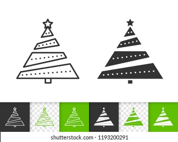 Christmas Tree black linear and silhouette icons. Thin line stylized spruce sign. Fir Farm outline pictogram isolated white, transparent backdrop Vector Icon shape Christmas Tree simple symbol closeup