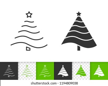 Christmas Tree black linear and silhouette icons. Thin line sign of stylized spruce. Fir outline pictogram isolated on white, transparent background. Vector Icon shape. Xmas tree simple symbol closeup