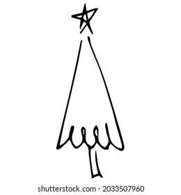 Christmas tree, black outline, doodle. New Year. Design of stickers, postcards, posters, holiday decorations, prints.
