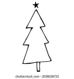 Christmas tree, black outline, doodle. New Year. Design of stickers, postcards, posters, holiday decorations, prints.