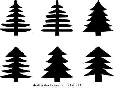 Christmas tree black silhouette collection. Different type and shapes fir-trees on white background. Template for laser, paper cutting, cards, flyers, print, scrapbook