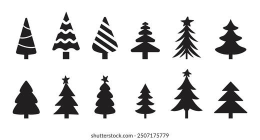 Árbol de navidad negro silueta plana glyph iconos conjunto de Vectores, árboles de navidad colección, pino icono conjunto. Conjunto de Vector de abeto.