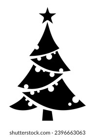 Christmas tree. Black silhouette of a Christmas tree isolated on a white background. Vector illustration. Hand-drawn illustration, not AI