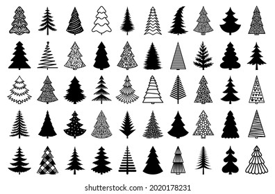 Christmas tree black silhouette. Vector set template for laser, paper cutting. Decorative ornate illustration. Trees for cards, flyers, print. Modern design for winter holidays. Home decoration.