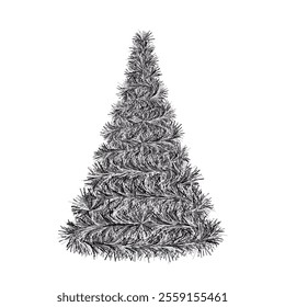 Christmas tree. Black spruce. Tree made of fluffy tinsel. Color vector illustration. Isolated white background. Festive plush fir. Idea for web design.