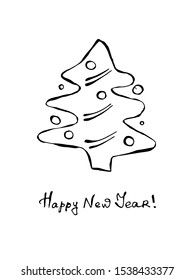 Christmas tree. A black and white contour doodle illustration is hand drawn. EPS 10 vector