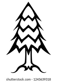 Christmas Tree Black And White Linear Picture. Outline Conifer Tree Vector Illustration. Christmas Tree Icon Or Logo. Tree: Trunk, Needles, Roots. 
Hand Drawing