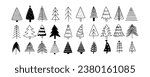 Christmas tree black and white symbols. Fir tree line drawing, vector icon. Holiday design elements are isolated on white. Simple shape conceptfor winter season cards, New Year party posters