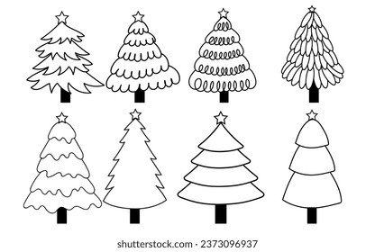 Símbolos blancos y negros del árbol de Navidad. Dibujo de la línea de árbol del filo, icono del vector. Elementos de diseño de vacaciones aislados en blanco. Concepto de forma simple, afiches y pancartas de Año Nuevo