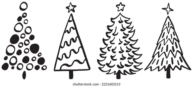 Christmas Tree, Black and White, Vector Retro Set