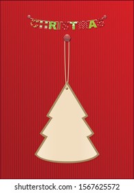 Christmas Tree Blank Copy Space Tag And String Over Festive Red Textured Cardboard Background With Christmas Bunting