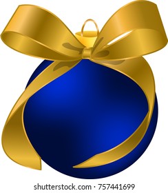 Christmas tree blue ball with golden ribbon vector illustration isolated. White background