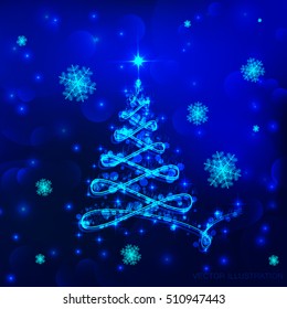 Christmas tree in blue colours . Vector illustration.