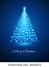 Christmas tree from blue glitter lights of bright glow magic bokeh background and place for text vector illustration. Good for decoration web site banner or greeting card and poster design.