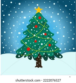 christmas tree with blue gradient background and snowfall, christmas illustration vector