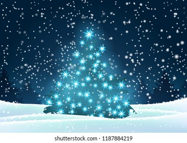Christmas tree with blue lights in dark landscape with forest in background and snow, vector illustration, eps 10 with transparency