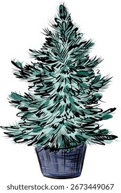 Árbol de navidad en Ilustración vectorial dibujada a mano del pote azul