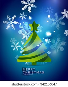 Christmas tree, blue shiny abstract background. Vector holiday illustration