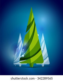 Christmas tree, blue shiny abstract background. Vector holiday illustration