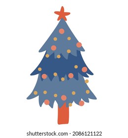 Christmas tree. Blue spruce decorated with star, balls and baubles. Hand drawn winter holiday symbol. Isolated clipart element. Vector flat Illustration. Only 5 colors - Easy to recolor.