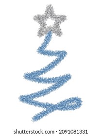 Christmas tree. Blue spruce, decorated with a silver star. A tree made of fluffy tinsel. Colored vector illustration. Isolated white background. Plush fir. Happy new year and merry christmas. 