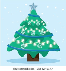 Christmas tree with blue star and snow Vector
