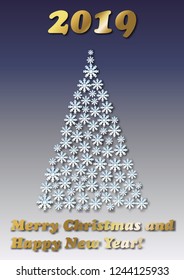 Christmas Tree Blue-White Poster with Snowflakes made of cutout paper stars, A4 size