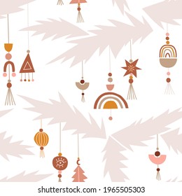 Christmas Tree Bohemian Decor Vector Seamless Pattern. Boho Xmas Fir Abstract Decorative Toys Background. Modern Geometrical Winter Holidays Decoration Graphic Design.